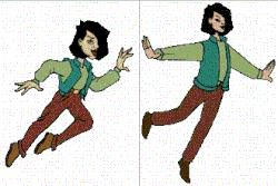 A split image of two designs of a black-haired, floating woman