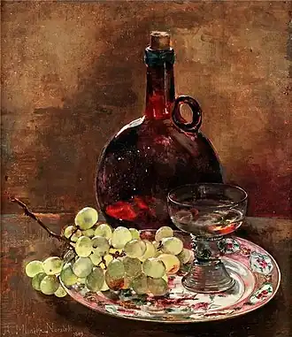 Still life painting with grapes on a plate and a bottle (1889)