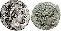 Two coins. Obverses are shown. To the left, a coin of Antiochus VI depicting him wearing a headdress in the shape of sun rays. On the right, a coin of Alexander II depicting him wearing the same headdress