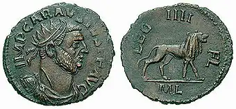 Antoninianus minted under Carausius. On the reverse, the lion, symbol of the Legio IV Flavia Felix, and the legend LEG IIII FL.