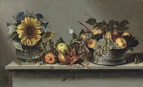 Flower vase and fruit bowl. Still Life with Flowers in a Vase and a Fruit Bowl on a Ledge by Antonio Ponce; 1640–60, 62 × 100&nbsp;cm, private collection.