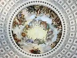 Brumidi's 1865 fresco Apotheosis of Washington adorns the underside of the dome in the rotunda of the United States Capitol