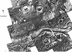 Ares Vallis, as seen by Viking. The channel is 25&nbsp;km wide and about 1&nbsp;km deep. It would be quite spectacular to walk down this valley.