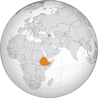 Map indicating locations of Armenia and Ethiopia