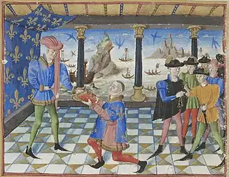 Herald Gilles Le Bouvier presenting the Armorial of Gilles Le Bouvier&nbsp;[fr] to Charles VII of France c. 1455.