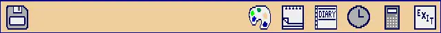Screenshot of the icon bar under Arthur showing the following: Left portion, from left&nbsp;– Discs (in this case a single floppy disc), Right portion, from right&nbsp;– Exit, Calc, Alarm, Diary, Edit, Paint