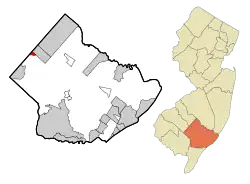 Map of Collings Lakes CDP in Atlantic County. Inset: Location of Atlantic County in New Jersey.
