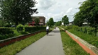 The green cycleway through the old railway station