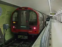 Waterloo & City line 1992 stock train at Bank tube station awaiting departure towards Waterloo.