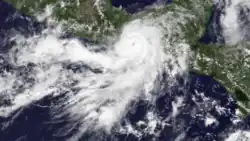 A visible satellite image of a well-formed hurricane approaching the coastline of southeastern Mexico on May 29.