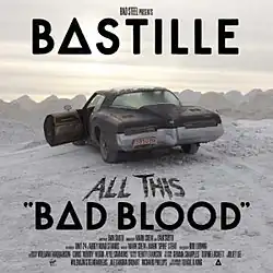 A dusty Buick Riviera on a cliff, overlooking a dessert with heaps of sand/gravel/dirt in the distance. The words "ALL THIS" is written in the sand above the album title, making out the title of the extended version "All This Bad Blood".