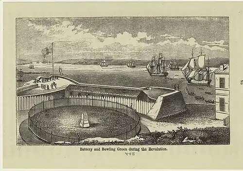 An 1859 engraving showing the remains of the George III statue plinth in Bowling Green Park, looking southwest, with The Battery and New York Harbor in the background