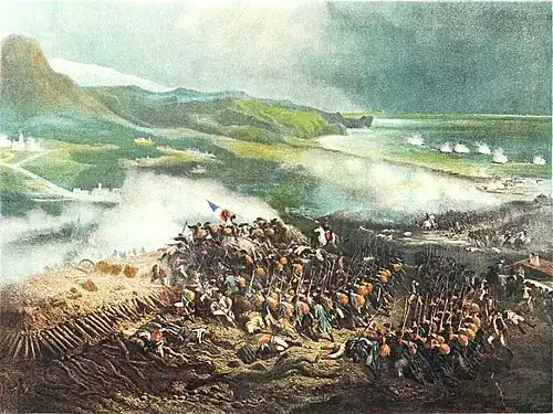 Painting shows soldiers attacking a fortified position while offshore gunboats fire on the land.