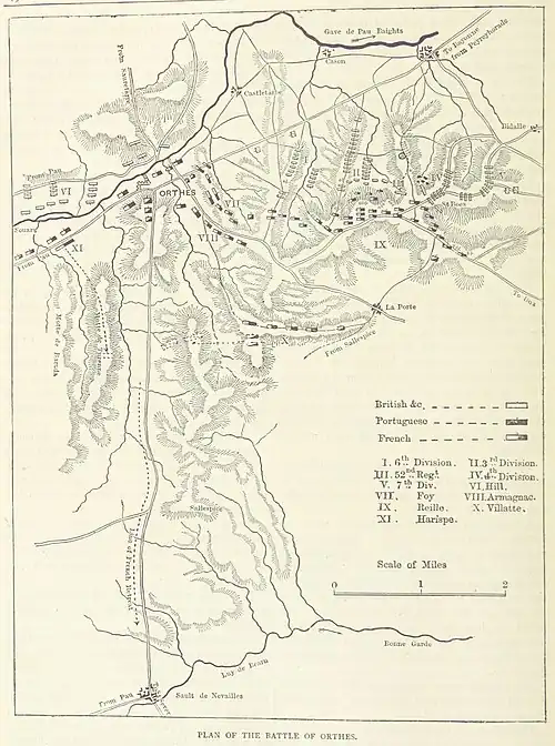 A map of the Battle of Orthez is printed in black on a light tan background.