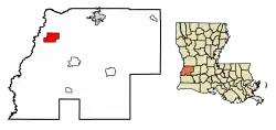 Location of Merryville in Beauregard Parish, Louisiana.
