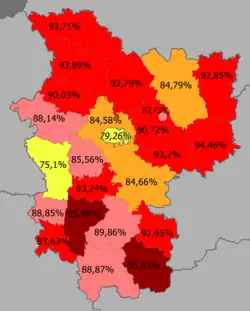 Belarusians in the region &nbsp;&nbsp;>95% &nbsp;&nbsp;90–95% &nbsp;&nbsp;85—90% &nbsp;&nbsp;80–85% &nbsp;&nbsp;<80%
