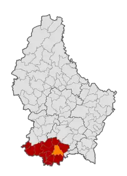 Map of Luxembourg with Bettembourg highlighted in orange, and the canton in dark red