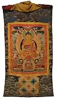 Bhutanese Drukpa Kagyu applique Buddhist lineage thangka with Shakyamuni Buddha in center, 19th century, Rubin Museum of Art