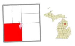 Location within Oscoda County (red) and an administered portion of the Mio community (pink)