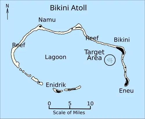 Map of Bikini Atoll, with target area highlighted.