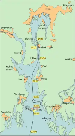 Map of operations in the Oslofjord on the night of 8/9 April, showing how far the Germans had progressed at various times as well as their movements