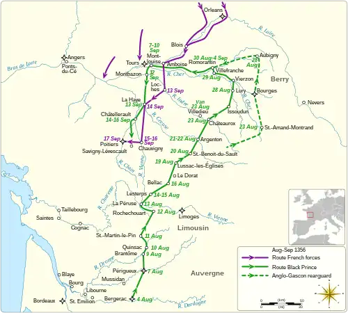 a map showing the route of the Black Prince's division during the campaign and dates of visits to various places, and similar for King John&nbsp;II's army