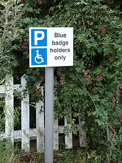 Sign with a white "P" and a wheelchair logo both on a sky blue background and reading "Blue badge holders only