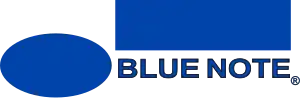 Blue Note logo with a blue oval and rectangle, and the words "Blue Note" in blue letters.