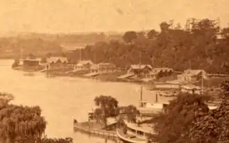 Boathouse Row (c. 1874-77), from left to right: #14; #11; #9-10; #7-8, #6; #4-5; and #2-3 just after #11 was built and before #12