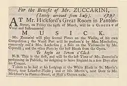 1737. Announcement of March 1737 concert for violinist, Mr. Zuccarini.