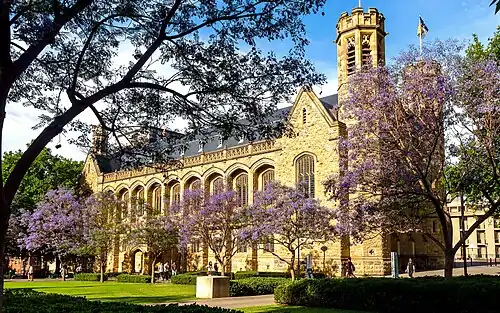 This is a photograph of Bonython Hall, which was inspired by the Great Hall of the University of Sydney and of the ancient universities in Europe.