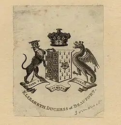 Bookplate with the arms of Elizabeth Somerset, wife of the 5th Duke of Beaufort