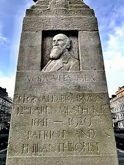 Detail of portrait relief and main inscription on South face of Meath memorial: "Vota vita mea (trans."The wishes of my life") - Reginald Brabazon, 12th Earl of Meath, KP,1841-1929, Patriot and Philanthropist"