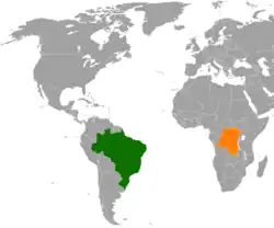 Map indicating locations of Brazil and Democratic Republic of the Congo