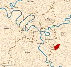 Location (in red) within Paris inner and outer suburbs