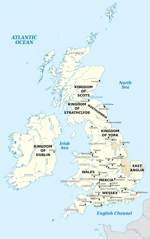 Map of the British Isles in the tenth century. Edmund's territory at the beginning and end of his reign covered Wessex, Mercia, East Anglia, York and Northumbria.
