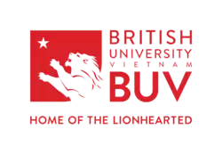 Logo of British University Vietnam consisted of a red box with an illustration of a lion reaching for a star on the top left, with text of British University Vietnam BUV