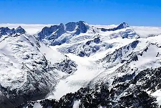 South aspect of Brodrick Peak centred, Mount Mannering to right