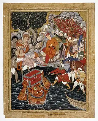 Arghan Div Brings the Chest of Armor to Hamza, from Volume 7 of the Hamzanama, supervised by Samad, ca. 1562–1577. Opaque watercolor and gold on cotton.