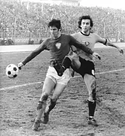 Harald Schütze (left) in a duel with Reinhard Häfner of SG Dynamo Dresden (right) during the match between BFC Dynamo and SG Dynamo Dresden at the Friedrich-Ludwig-Jahn-Sportpark in on 21 February 1976