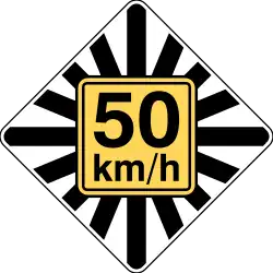 This sign is posted when there is a history of vehicles taking a curve too quickly and losing control. The sunburst emphasizes that drivers need to take extra caution when going through the curve.[7]