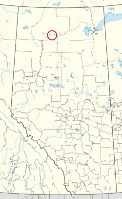A map of the province of Alberta showing 80 counties and 145 small Indian reserves. One is highlighted with a red circle.