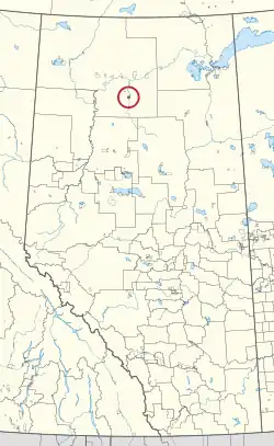 A map of the province of Alberta showing 80 counties and 145 small Indian reserves. One is highlighted with a red circle.