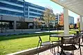Green space and outdoor seating on campus