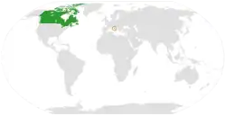 Map indicating locations of Canada and Vatican City