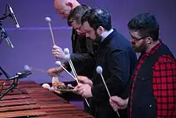 Members of Sō Percussion play at the Miller Theatre in New York in February, 2020