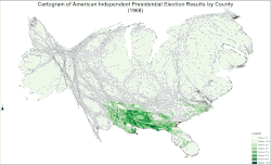 Cartogram of American Independent presidential election results by county