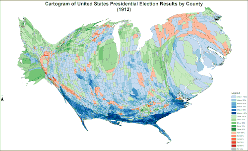 A continuous cartogram of the 1912 United States presidential election