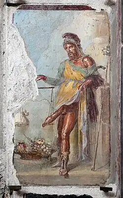 A Priapus figure. Large phalli were considered undesirable for men to possess and often depicted for comic effect in ancient Rome. Wall painting Pompeii.[3][4]