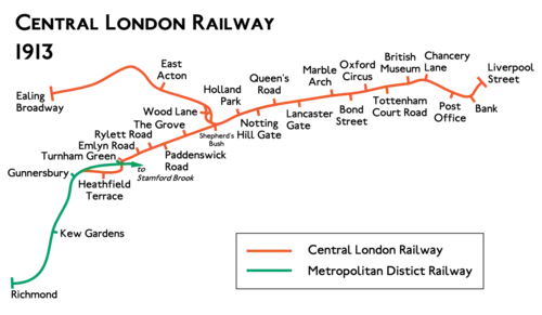 Route diagram showing the railway running from Ealing Broadway at left to Liverpool Street at right, with branch heading from Shepherd's Bush to the bottom left to connect to existing route to Richmond at Gunnersbury